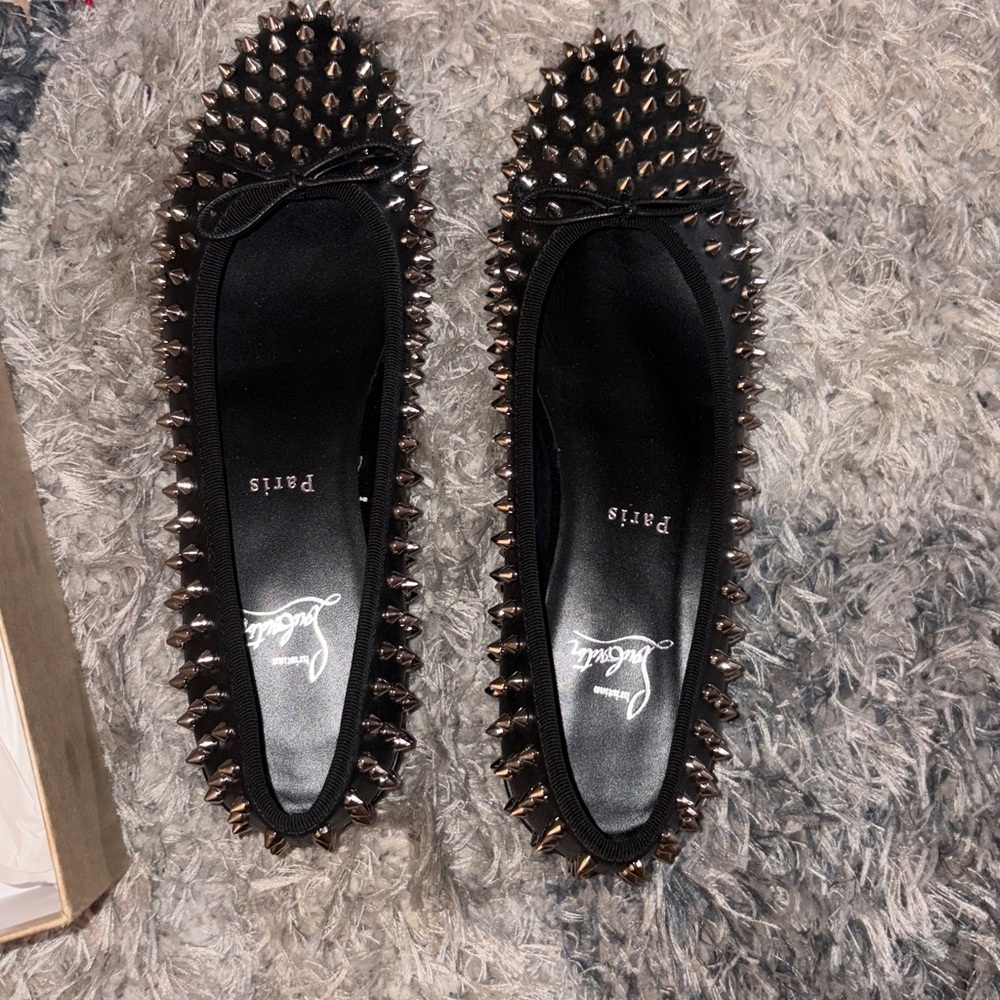 Christian Louboutin Black Leather Spiked Ballet Flats with Bow -100% Authentic!